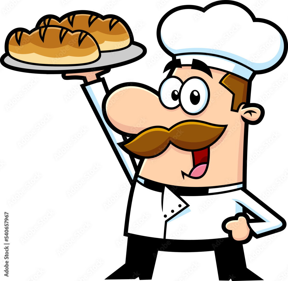 Baker Cartoon Character Holding A Bread. Vector Hand Drawn Illustration Isolated On Transparent Background Baker Cartoon Character Holding A Bread. Vector Hand Drawn Illustration Isolated On Transparent Background