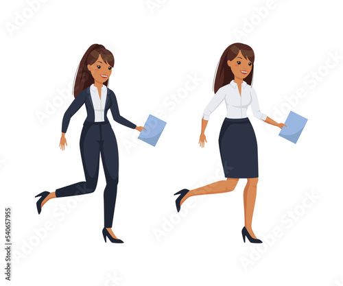 Office Woman Character Wearing Formal Suit Walking with Clipboard Vector Set