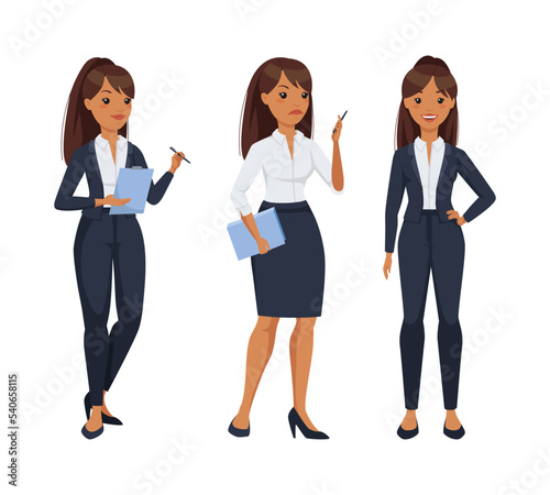 Office Woman Character Wearing Formal Suit in Standing Pose Vector Set