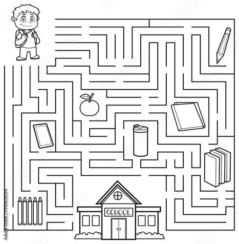 Cartoon Maze Game Education For Kids Help The Student Get To School. Vector Hand Drawn Illustration Isolated On White Background