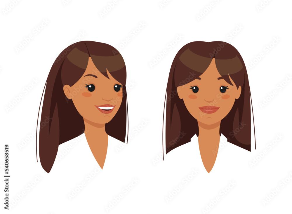 Face of Brunette Office Woman Character in White Blouse Demonstrating Emotion Vector Set