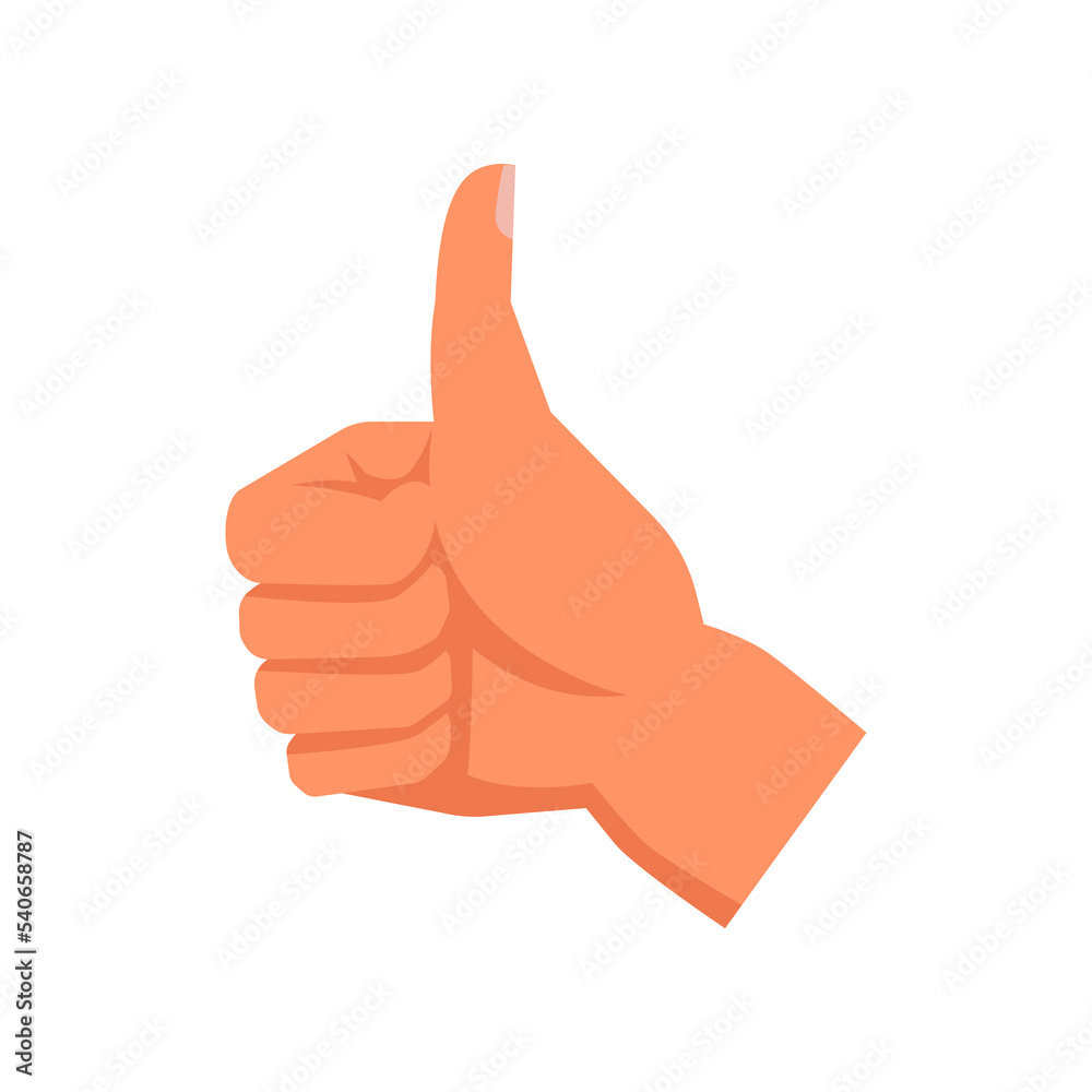 Hand gesture of thumb up, isolated symbol of agreement and like. Sign of approval or hitchhiking. Nonverbal language and communication. Vector in flat style Hand gesture of thumb up, isolated symbol of agreement and like. Sign of approval or hitchhiking. Nonverbal language and communication. Vector in flat style