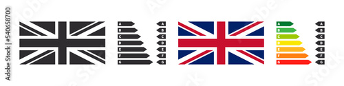 Energy efficiency badges of the UK. Energy rating chart arrows and flag. Vector illustration