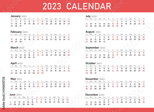 Calendar template for 2023. The week starts on Sunday. Diary planner , corporate and business calendar. Organizer. Monthly calendar. Daily planner.