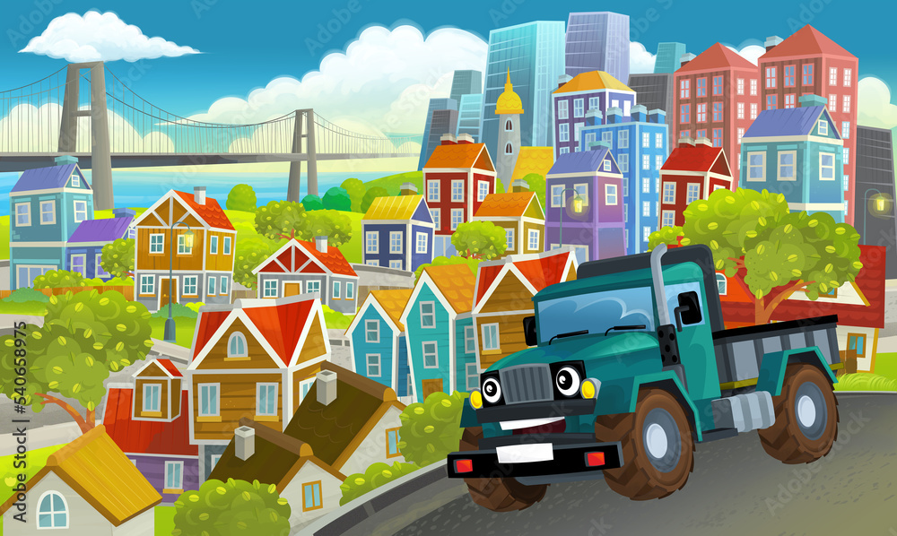 cartoon industrial truck through the city illustration