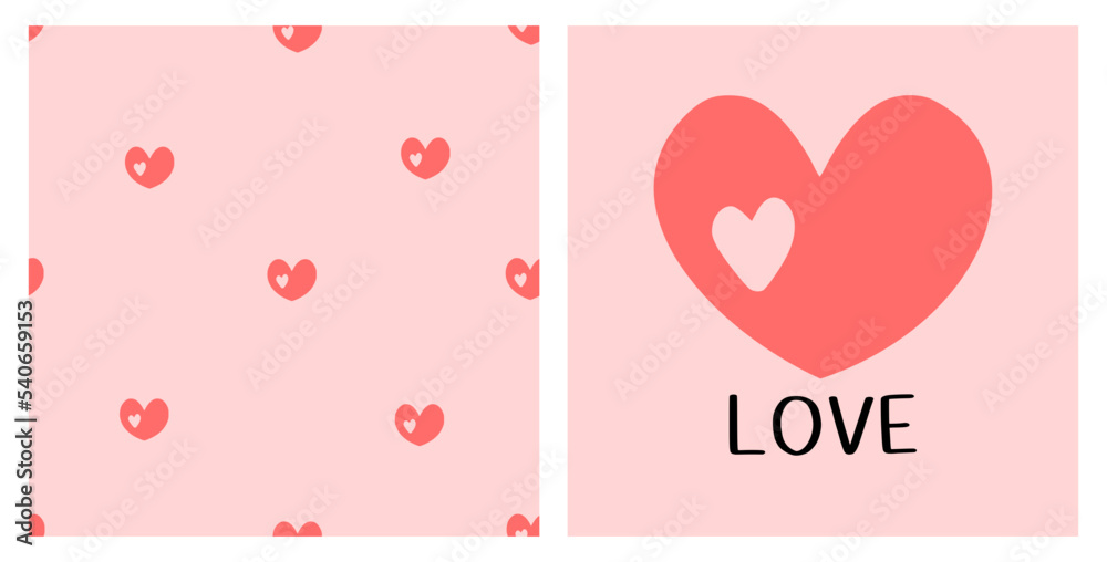 Valentine' s day  pattern with seamless pattern of red hearts on pink background. Red heart icon with hand written font vector illustration.