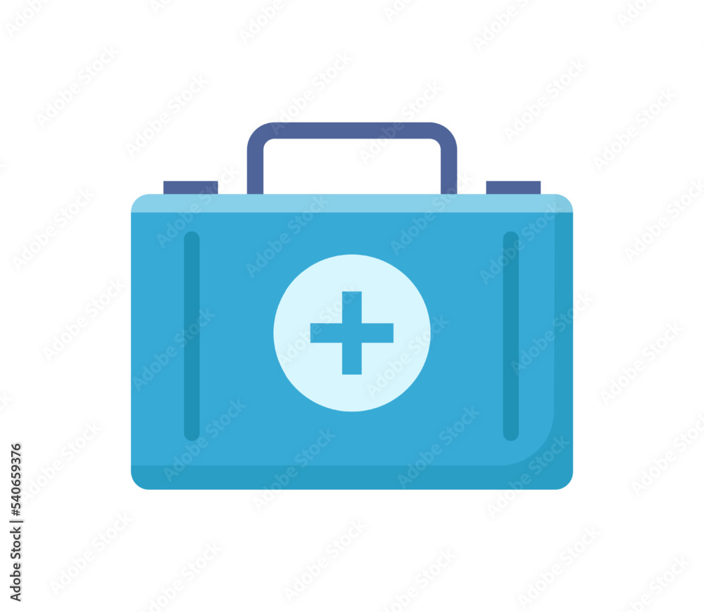 First aid kit, container with cross containing medicine and meds for treatment and care for patient. Help with health and emergency cases. Vector in flat style First aid kit, container with cross containing medicine and meds for treatment and care for patient. Help with health and emergency cases. Vector in flat style