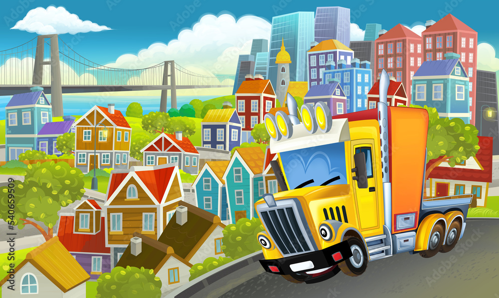 cartoon industrial truck through the city illustration cartoon industrial truck through the city illustration