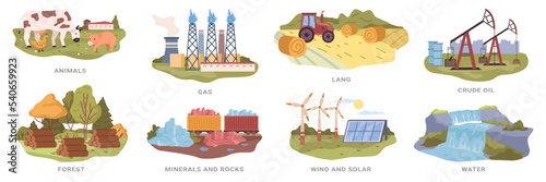 Renewable natural resources, isolated animals and gas, lang and crude oil, forest and minerals, rocks and water. Wind and solar power. Vector in flat style