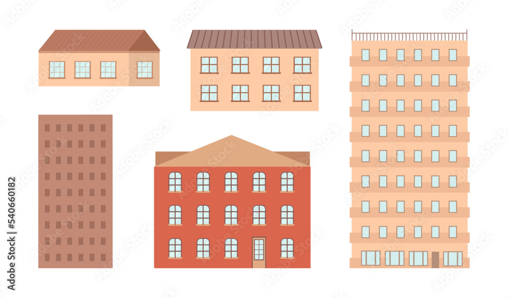 Apartments blocks, real estate property and residence for living. Houses and homes, building construction, investing or purchasing. Vector in flat style
