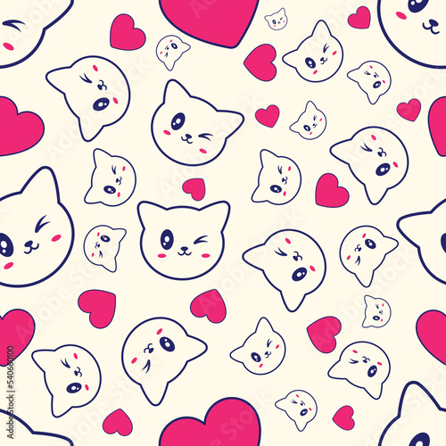 Cute cat face and heart shapes seamless pattern Cute fashion background design. Patterns for birthday celebrations, kids invitation, scrapbooking. Retro collection