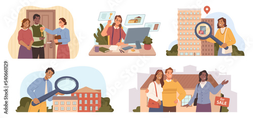Clients looking at property shown by real estate agent. Searching for apartment or house. Woman giving keys to couple, moving in. Vector real estate set in flat cartoon style