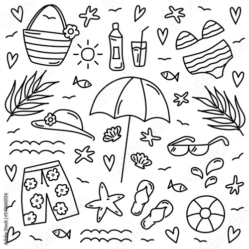 Hand drawn set of sea beach elements. Black and white vector illustration of doodle style. Line drawing of beach umbrella, swimsuit, hat, flip-flops. Summer contour icons.
