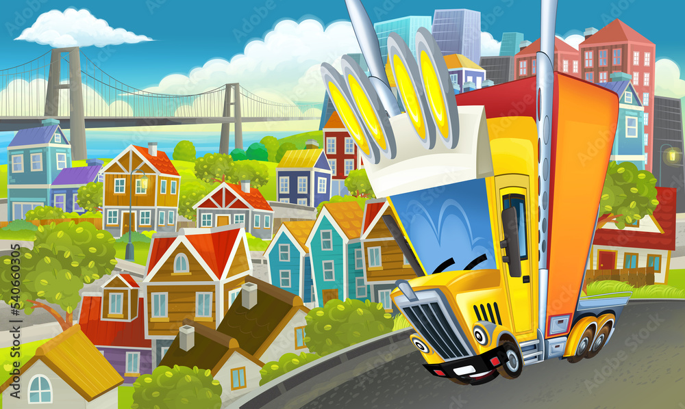 cartoon industrial truck through the city illustration