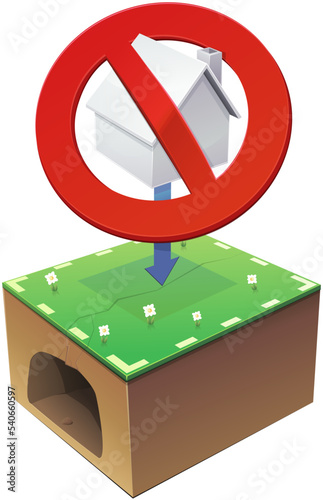 White isometric 3D house with the red circular prohibition symbol and an arrow indicating that it is not possible to build with a basement that can cause landslides (cut out)