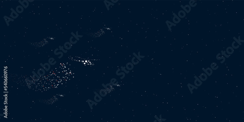 A helicopter symbol filled with dots flies through the stars leaving a trail behind. There are four small symbols around. Vector illustration on dark blue background with stars