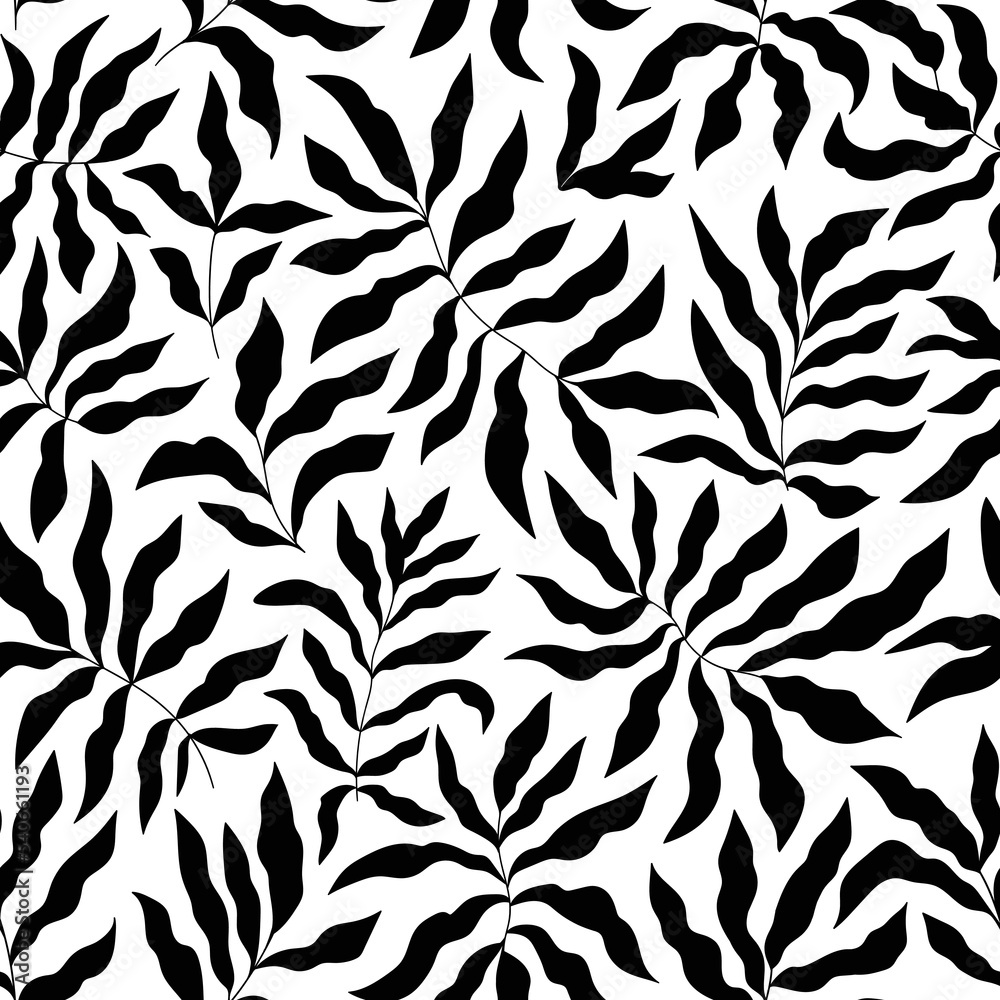 Monochrome tropical palm tree leaves seamless pattern. Vector repeat design for cards, web, backgrounds and natural product. Black and white natural template. Monochrome tropical palm tree leaves seamless pattern. Vector repeat design for cards, web, backgrounds and natural product. Black and white natural template.