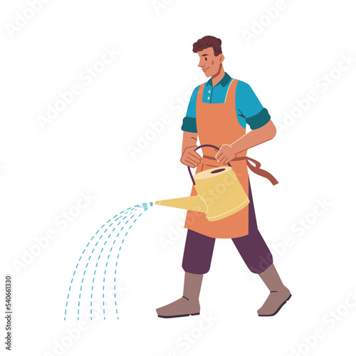 Farmer watering soil from can, farming and gardening, tending crops and plants. Isolated male character in apron, agriculture. Vector in flat cartoon style