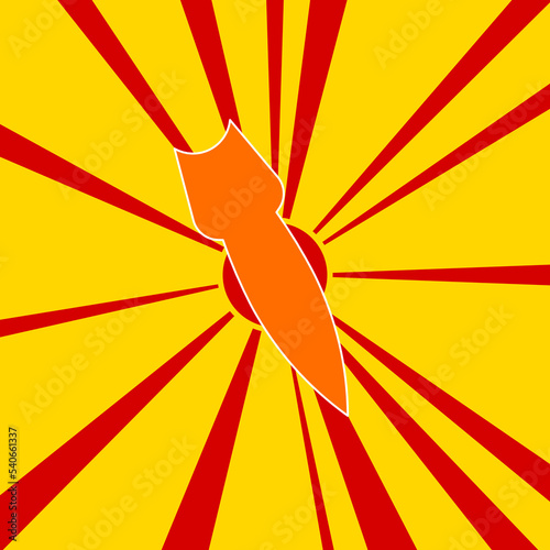 Falling rocket symbol on a background of red flash explosion radial lines. A large orange symbol is located in the center of the sunrise. Vector illustration on yellow background