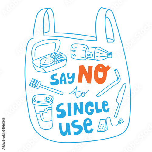 Plastic bag with disposable dishes, plastic cup and bottle. Zero waste lettering card. Flat vector illustration. Ecology concept.