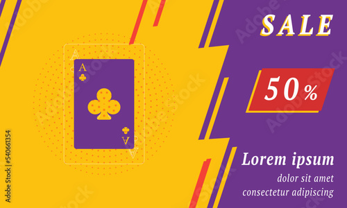 Sale promotion banner with place for your text. On the left is the ace of clubs card. Promotional text with discount percentage on the right side. Vector illustration on yellow background