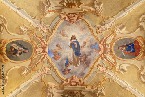 COURMAYEUR, ITALY - JULY 12, 2022: The ceiling fresco of Immaculate Conception in church Chiesa di San Pantaleone originaly by Giacomo Gnifetti from18. cent. and restored in1957 by Nino Pirlato.