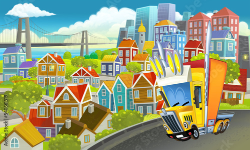 cartoon industrial truck through the city illustration