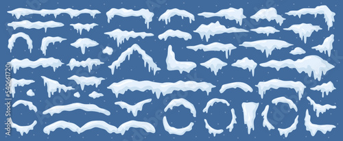 Winter season frost and cold, isolated snow caps for roofs of houses and surfaces. Frames and snowy roofs, snowflakes and icicles. Vector in flat cartoon style