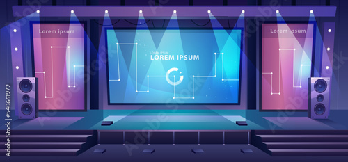 Stage for performance, concert or conference. Huge screen for presentation, loudspeakers and light to accent. Raised floor or platform. Vector in flat cartoon style