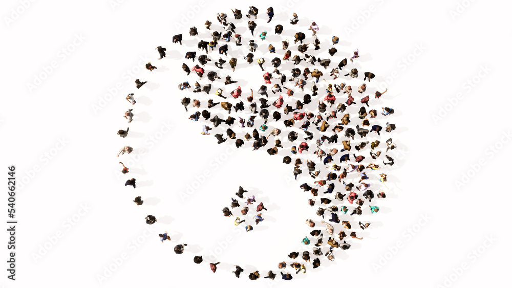 Concept or conceptual large gathering of people forming the image of the chinese symbol of Yin-Yang as opposing and complementary forces. A 3d illustration metaphor for taoism, meditation and balance Concept or conceptual large gathering of people forming the image of the chinese symbol of Yin-Yang as opposing and complementary forces. A 3d illustration metaphor for taoism, meditation and balance