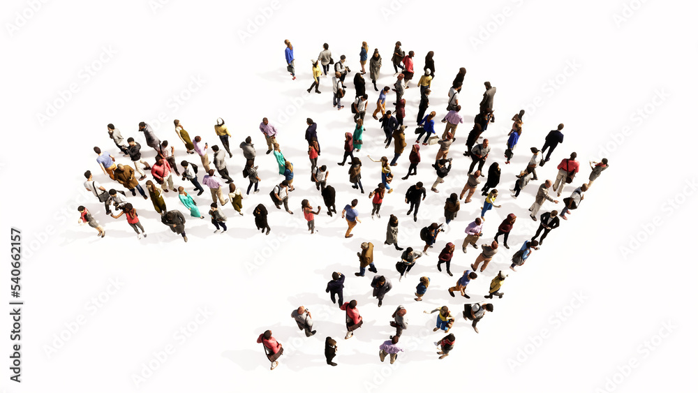 Concept conceptual large community of people forming the road sign. 3d illustration metaphor for navigation, strategy, journey, guidance, choice and decision Concept conceptual large community of people forming the road sign. 3d illustration metaphor for navigation, strategy, journey, guidance, choice and decision