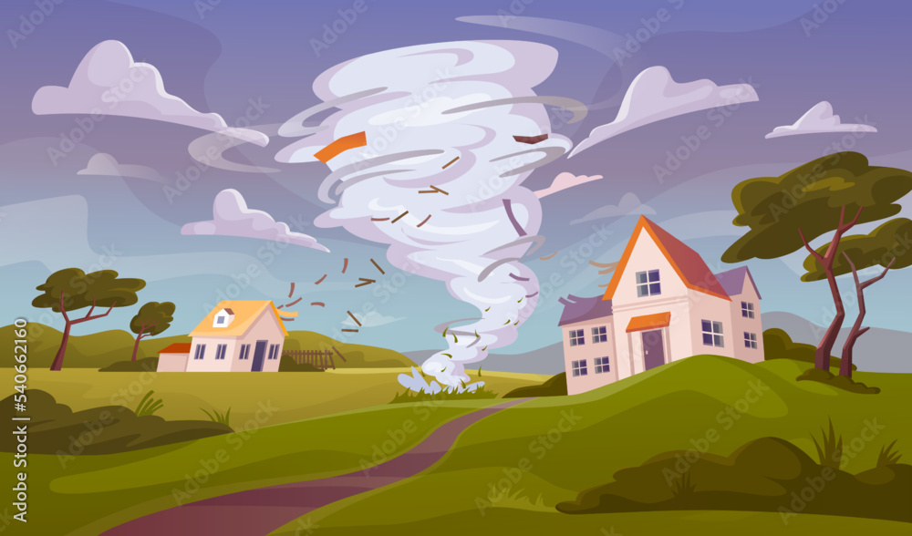Natural disaster or catastrophe caused, strong wind vortex destructing houses and infrastructure of city or town. Cataclysm damage. Vector illustration