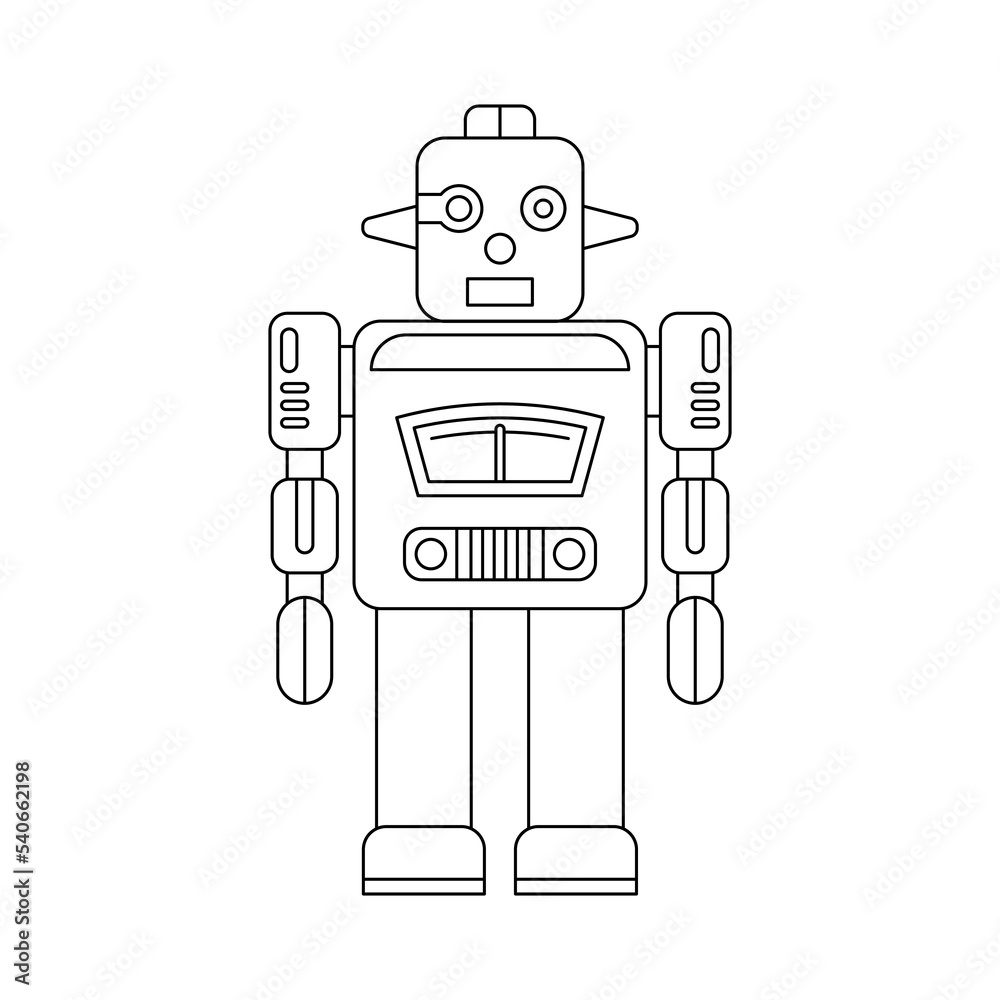 Cartoon robot isolated on white background. Coloring page outline with cartoon robot. Vector illustration for kids.
Cartoon robot isolated on white background. Coloring page outline with cartoon robot. Vector illustration for kids.