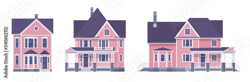 Beautiful light pink house cartoon set. Mansion erker element, housing industry, neighborhood residence, home hunting, new building purchase, renting, owning residence. Vector flat style illustration