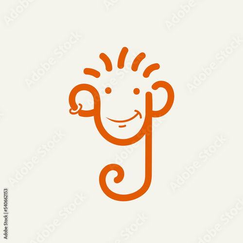 Letter y logo.Funny monkey cartoon character mascot alphabet initial.Lettering sign isolated on light fund.Decorative, playful icon for brand identity.Red color font monogram.
