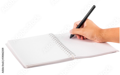 hand with pen and notebook isolated and save as to PNG file