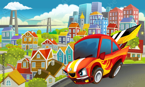 cartoon sports car speeding in the city illustration © honeyflavour