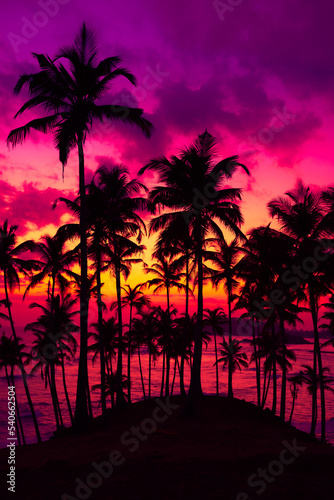 Fototapeta Naklejka Na Ścianę i Meble -  Coconut palm trees on tropical ocean island beach at vivid colorful sunset