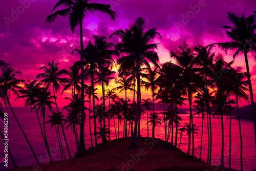 Fototapeta Naklejka Na Ścianę i Meble -  Coconut palm trees on tropical island beach at vivid colorful sunset