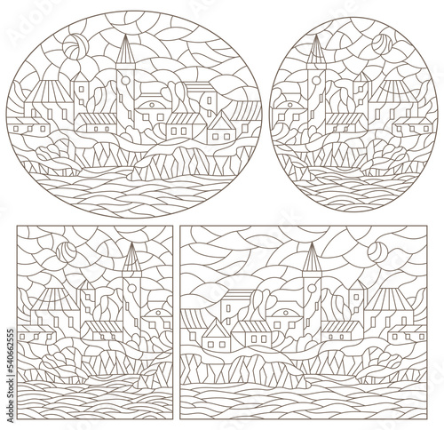 A set of contour illustrations in the style of stained glass with urban landscapes , dark contours on a white background