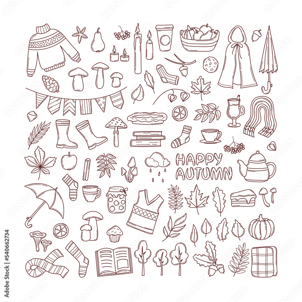Autumn cozy objects set. Fall season elements in doodle outline style. Bundle of hand drawn clip art. Sweater, tea, pie, fallen leaves, mushrooms. Isolated flat vector illustration Autumn cozy objects set. Fall season elements in doodle outline style. Bundle of hand drawn clip art. Sweater, tea, pie, fallen leaves, mushrooms. Isolated flat vector illustration
