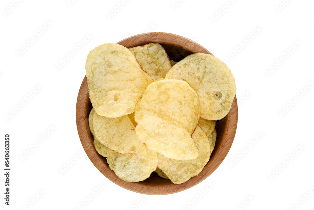 A top view of a snack bowl of savoury potato chips party food, crispy nibbles isolated against a transparent background.