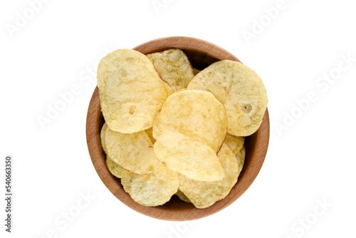 A top view of a snack bowl of savoury potato chips party food, crispy nibbles isolated against a transparent background.