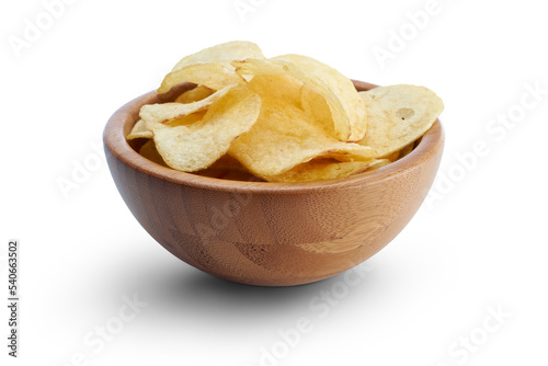 Obraz na płótnie A side view of a snack bowl of savoury potato chips party food, crispy nibbles isolated against a transparent background w salonie