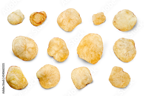 Obraz na płótnie Viewed from above, a selection savoury potato chips, crisps, party food snacks isolated against a transparent background. w salonie