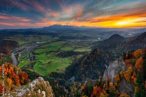 A beautiful sunset in the Pieniny Mountains with a view of the Tatra Mountains at autumn. Poland