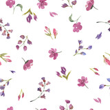 Watercolor  seamless pattern with abstract different purple flowers, leaves. Hand drawn floral illustration isolated on white background. For packaging, wrapping design or print. Vector EPS