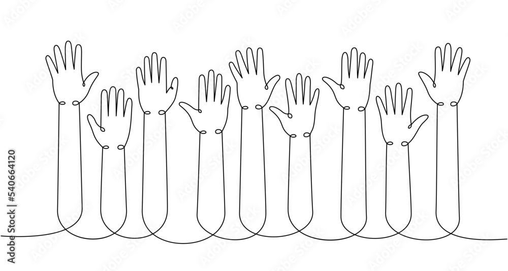 Fototapeta premium Hands up one line continuous drawing. Public opinion, user feedback continuous one line illustration. Vector minimalist linear illustration.