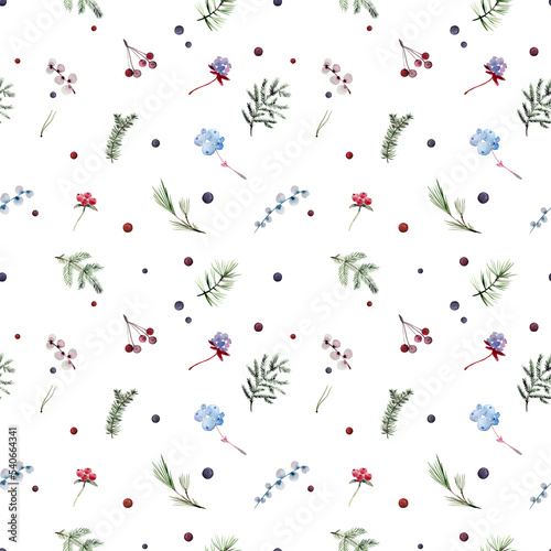 Holiday christmas seamless pattern. Hand drawn silhouettes of twigs with a berry, fir, spruce. Universal winter ornament for web, wrapping paper, greeting cards, fabric, wallpaper.