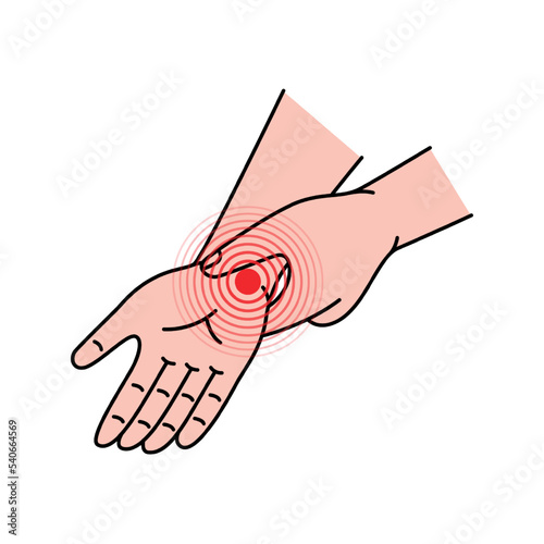 Human wrist pain. Pain and injury in the human wrist. Health problems in muscle pain and joints problems. Vector illustration